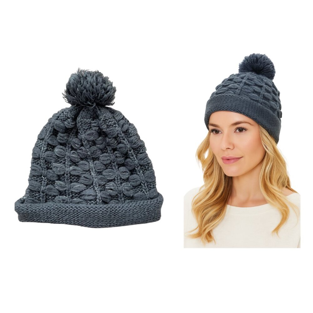 Renoma Beanie Hat Gray Chunky Cable Knit Pom Pom Yarn Grey Silver Winter